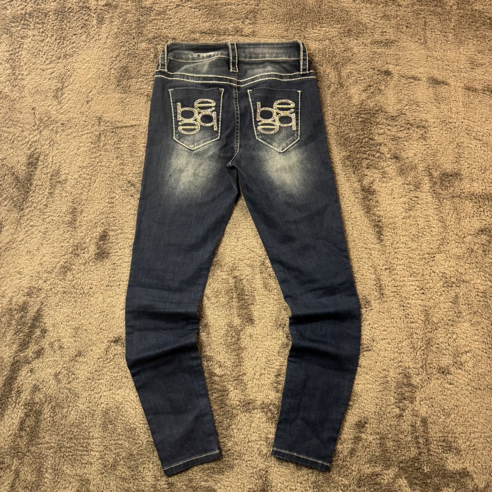 Bebe Skinny Jeans Dark Wash Rhinestone Logo Contrast Stitch Denim Size 26 Y2K